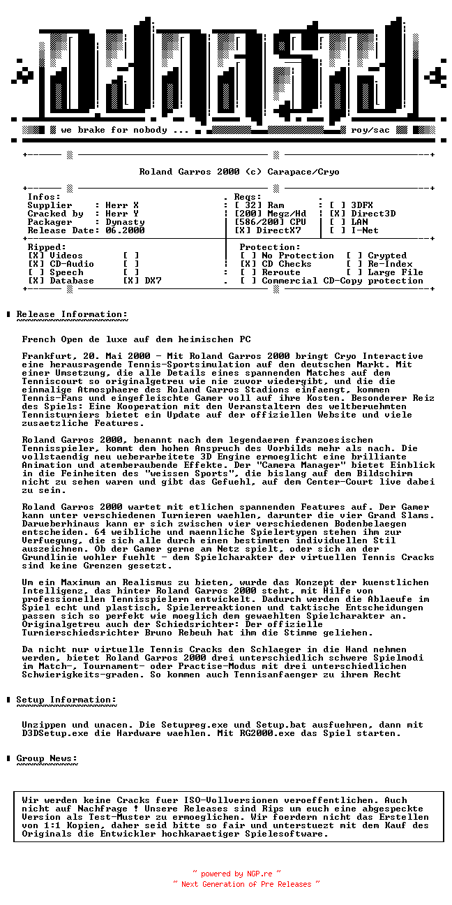 NFO for the release Roland_Garros_French_Open_2000_GERMAN-DYNASTY by DYNASTY
