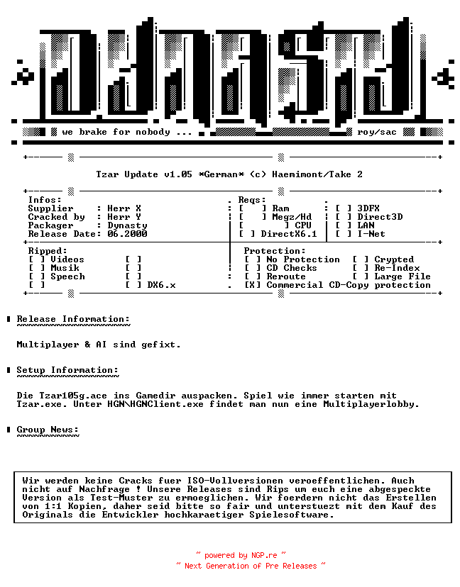 NFO for the release Tzar_Update_v1.05_GERMAN-DYNASTY by DYNASTY