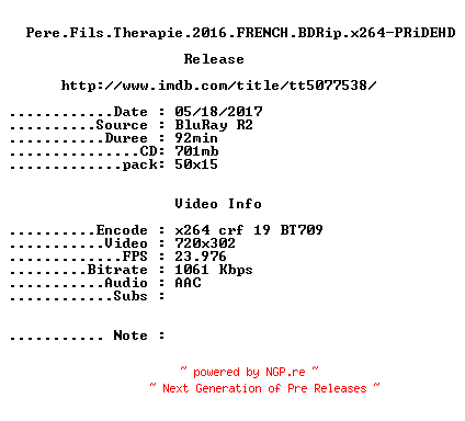 NFO for the release Pere.Fils.Therapie.2016.FRENCH.BDRip.x264-PRiDEHD by PRiDEHD