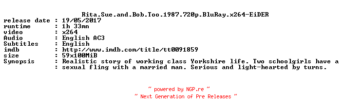 NFO for the release Rita.Sue.and.Bob.Too.1987.720p.BluRay.x264-EiDER by EiDER