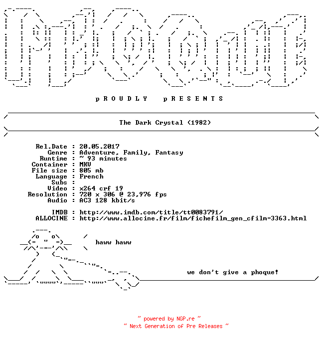 NFO for the release The.Dark.Crystal.1982.FRENCH.BDRip.x264-PHoQUE by PHoQUE