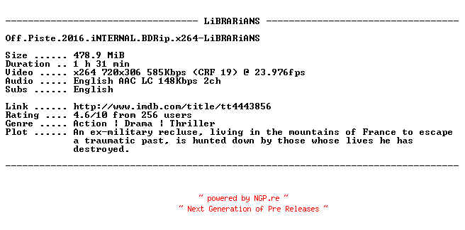 NFO for the release Off.Piste.2016.iNTERNAL.BDRip.x264-LiBRARiANS by LiBRARiANS