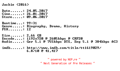NFO for the release Jackie.Die.First.Lady.2016.German.DL.720p.BluRay.x264-CiNEViSiON by CiNEViSiON