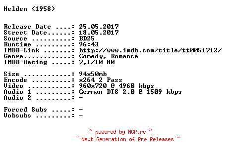 NFO for the release Helden.1958.German.720p.BluRay.x264-SPiCY by SPiCY