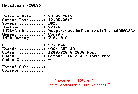 NFO for the release Metalfarm.2017.German.720p.BluRay.x264-SPiCY by SPiCY