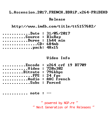 NFO for the release L.Ascension.2017.FRENCH.BDRiP.x264-PRiDEHD by PRiDEHD
