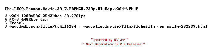 NFO for the release The.LEGO.Batman.Movie.2017.FRENCH.720p.BluRay.x264-VENUE by VENUE