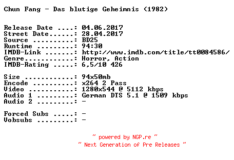 NFO for the release Chun.Fang.Das.blutige.Geheimnis.1982.German.720p.BluRay.x264-SPiCY by SPiCY