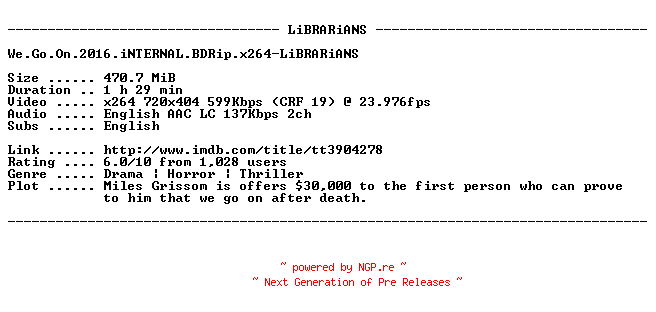 NFO for the release We.Go.On.2016.iNTERNAL.BDRip.x264-LiBRARiANS by LiBRARiANS