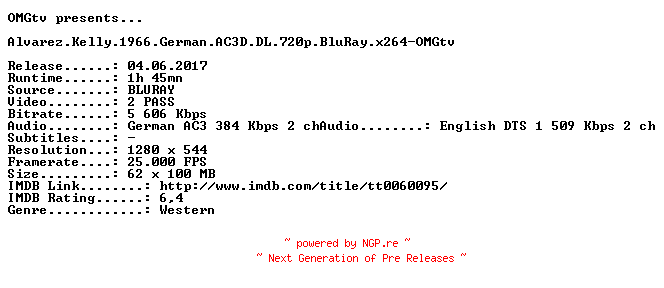 NFO for the release Alvarez.Kelly.1966.German.AC3D.DL.720p.BluRay.x264-OMGtv by OMGtv