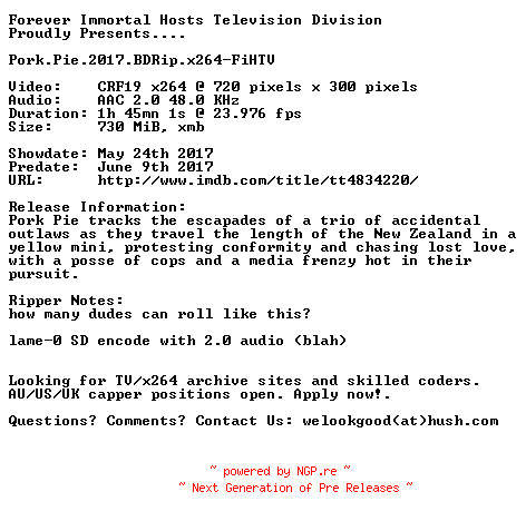 NFO for the release Pork.Pie.2017.BDRip.x264-FiHTV by FiHTV