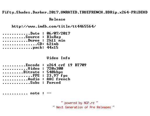NFO for the release Fifty.Shades.Darker.2017.UNRATED.TRUEFRENCH.BDRip.x264-PRiDEHD by PRiDEHD