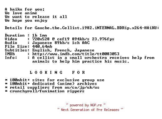 NFO for the release Gauche.the.Cellist.1982.iNTERNAL.BDRip.x264-HAiKU by HAiKU