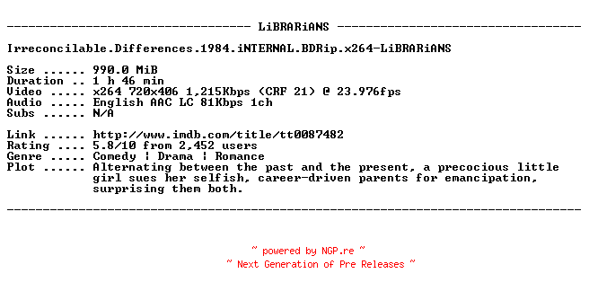 NFO for the release Irreconcilable.Differences.1984.iNTERNAL.BDRip.x264-LiBRARiANS by LiBRARiANS