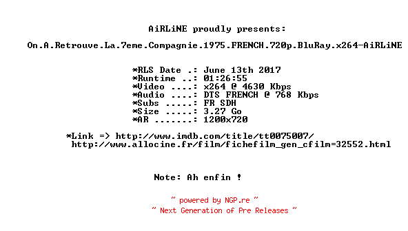 NFO for the release On.A.Retrouve.La.7eme.Compagnie.1975.FRENCH.720p.BluRay.x264-AiRLiNE by AiRLiNE
