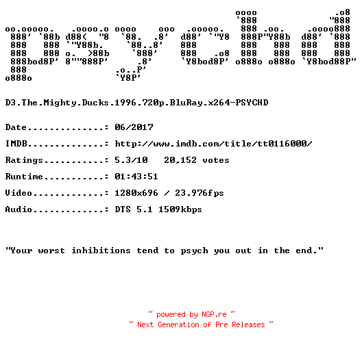 NFO for the release D3.The.Mighty.Ducks.1996.720p.BluRay.x264-PSYCHD by PSYCHD