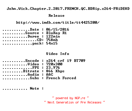 NFO for the release John.Wick.Chapter.2.2017.FRENCH.QC.BDRip.x264-PRiDEHD by PRiDEHD
