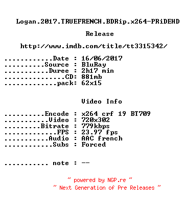 NFO for the release Logan.2017.TRUEFRENCH.BDRip.x264-PRiDEHD by PRiDEHD