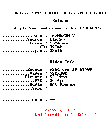 NFO for the release Sahara.2017.FRENCH.BDRip.x264-PRiDEHD by PRiDEHD