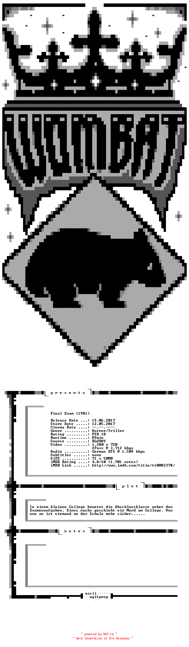 NFO for the release Final.Exam.1981.German.720p.BluRay.x264-WOMBAT by WOMBAT