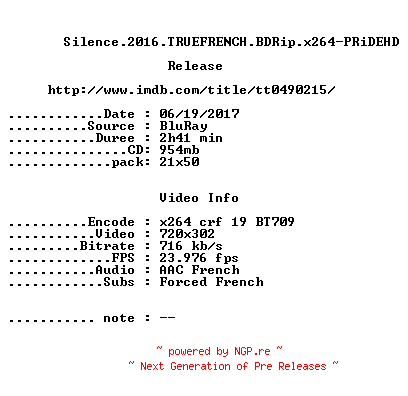 NFO for the release Silence.2016.TRUEFRENCH.BDRip.x264-PRiDEHD by PRiDEHD