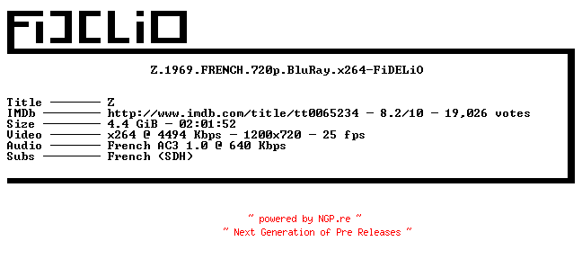 NFO for the release Z.1969.FRENCH.720p.BluRay.x264-FiDELiO by FiDELiO