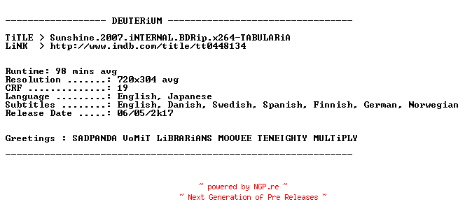 NFO for the release Sunshine.2007.iNTERNAL.BDRip.x264-TABULARiA by TABULARiA
