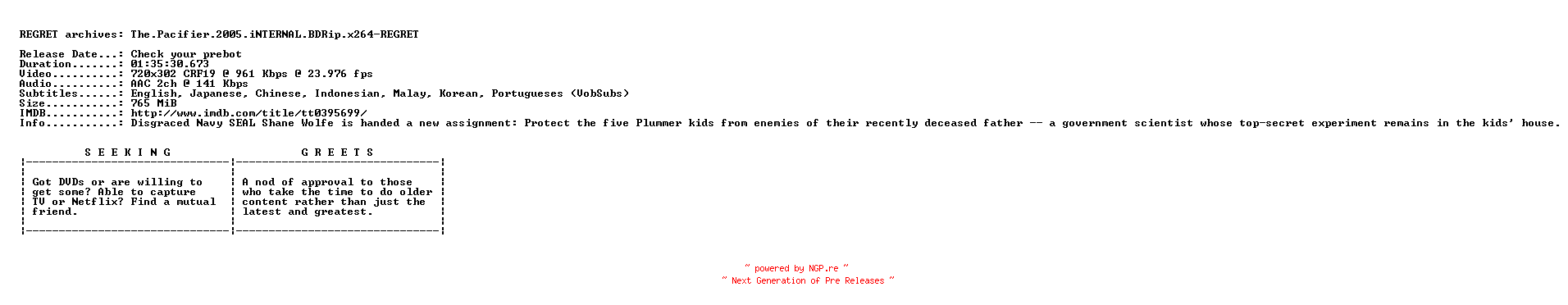 NFO for the release The.Pacifier.2005.iNTERNAL.BDRip.x264-REGRET by REGRET