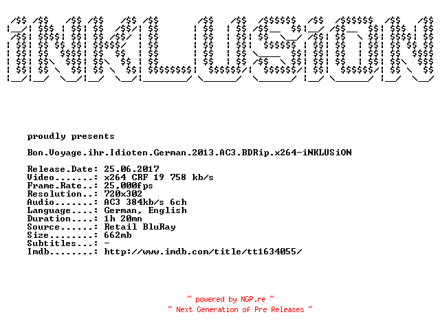 NFO for the release Bon.Voyage.ihr.Idioten.German.2013.AC3.BDRip.x264-iNKLUSiON by iNKLUSiON