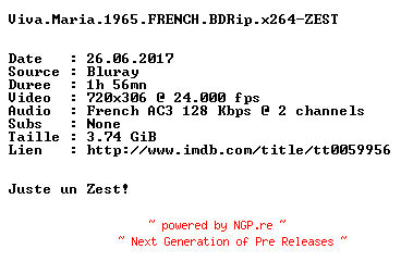 NFO for the release Viva.Maria.1965.FRENCH.BDRip.x264-ZEST by ZEST