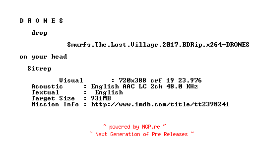 NFO for the release Smurfs.The.Lost.Village.2017.BDRip.x264-DRONES by DRONES