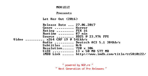 NFO for the release Let.Her.Out.German.2016.AC3.BDRip.x264-MOViEiT by MOViEiT