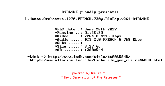 NFO for the release L.Homme.Orchestre.1970.FRENCH.720p.BluRay.x264-AiRLiNE by AiRLiNE