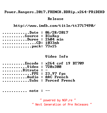 NFO for the release Power.Rangers.2017.FRENCH.BDRip.x264-PRiDEHD by PRiDEHD