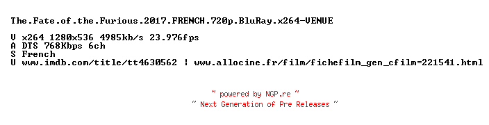 NFO for the release The.Fate.of.the.Furious.2017.FRENCH.720p.BluRay.x264-VENUE by VENUE