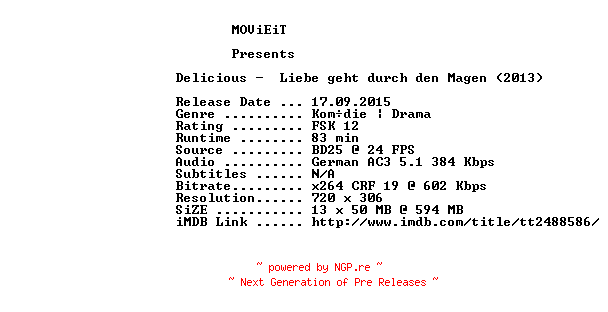 NFO for the release Delicious.German.2013.AC3.BDRip.x264-MOViEiT by MOViEiT