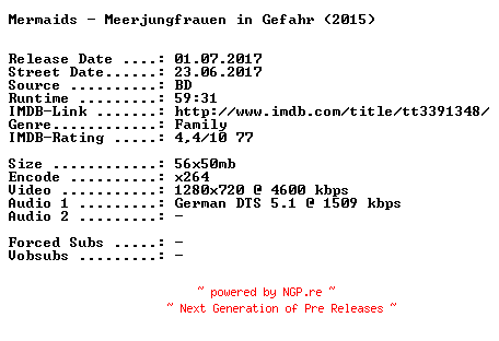 NFO for the release Mermaids.Meerjungfrauen.in.Gefahr.2015.German.720p.BluRay.x264-SPiCY by SPiCY