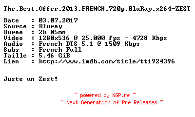 NFO for the release The.Best.Offer.2013.FRENCH.720p.BluRay.x264-ZEST by ZEST