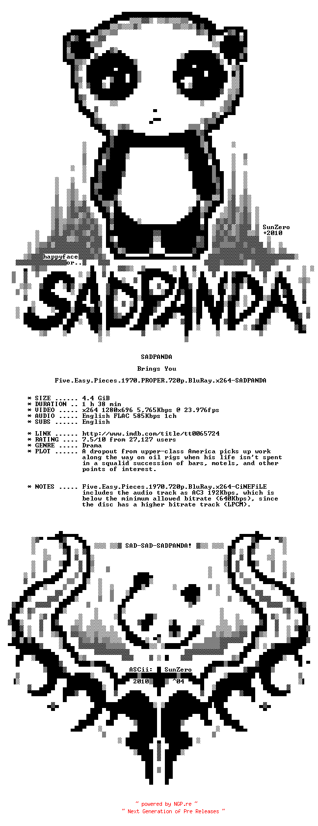 NFO for the release Five.Easy.Pieces.1970.PROPER.720p.BluRay.x264-SADPANDA by SADPANDA