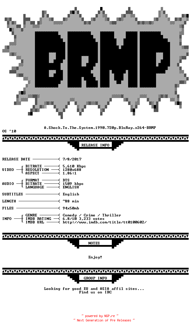 NFO for the release A.Shock.To.The.System.1990.720p.BluRay.x264-BRMP by BRMP