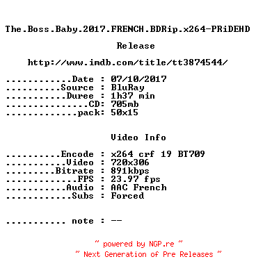 NFO for the release The.Boss.Baby.2017.FRENCH.BDRip.x264-PRiDEHD by PRiDEHD