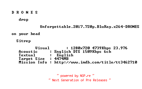 NFO for the release Unforgettable.2017.720p.BluRay.x264-DRONES by DRONES