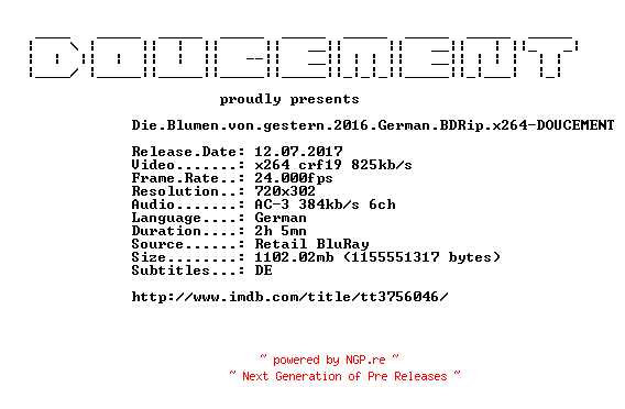 NFO for the release Die.Blumen.von.gestern.2016.German.BDRip.x264-DOUCEMENT by DOUCEMENT