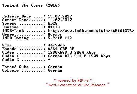 NFO for the release Tonight.She.Comes.2016.German.720p.BluRay.x264-SPiCY by SPiCY