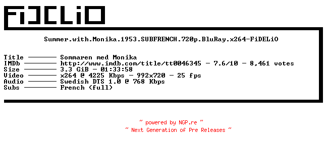 NFO for the release Summer.with.Monika.1953.SUBFRENCH.720p.BluRay.x264-FiDELiO by FiDELiO
