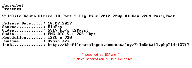 NFO for the release Wildlife.South.Africa.3D.Part.2.Big.Five.2012.720p.BluRay.x264-PussyFoot by PussyFoot