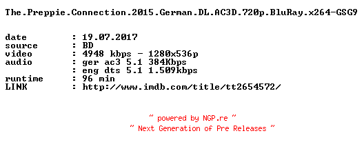 NFO for the release The.Preppie.Connection.2015.German.DL.AC3D.720p.BluRay.x264-GSG9 by GSG9