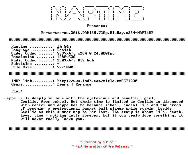 NFO for the release En-to-tre-nu.2016.DANiSH.720p.BluRay.x264-NAPTiME by NAPTiME