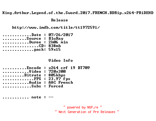 NFO for the release King.Arthur.Legend.of.the.Sword.2017.FRENCH.BDRip.x264-PRiDEHD by PRiDEHD