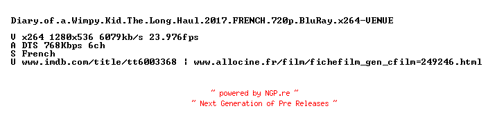 NFO for the release Diary.of.a.Wimpy.Kid.The.Long.Haul.2017.FRENCH.720p.BluRay.x264-VENUE by VENUE